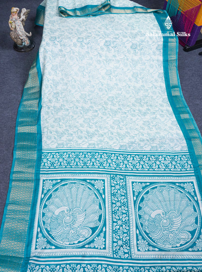 Beautiful White Printed Mahu Silk Fancy Saree With Contrast Chilly Red Border