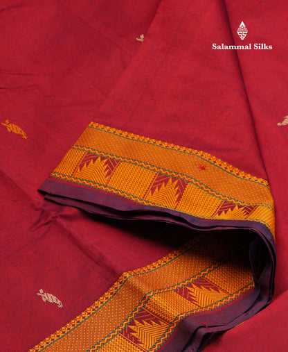 Beautiful Dual Tone Maroon Thread Work Buttas Semi Silk Cotton Saree With Yellow Thread Border