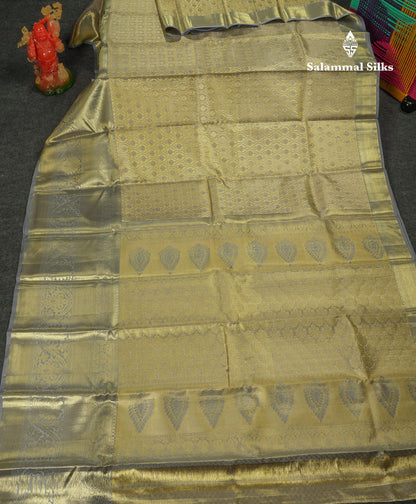 Beautiful Gold Tissue Bridal Pure Kanjivaram Silk Saree With Contrast Light Grey Traditional Evening Morning Border