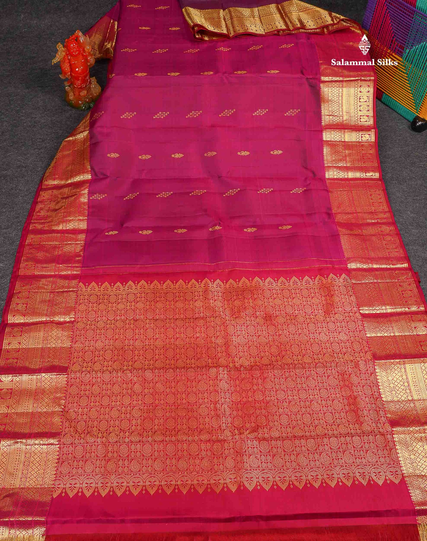 Pure Kanjivaram Silk Saree - Magenta Colour Body Butta With Contrast Maroon Traditional Border