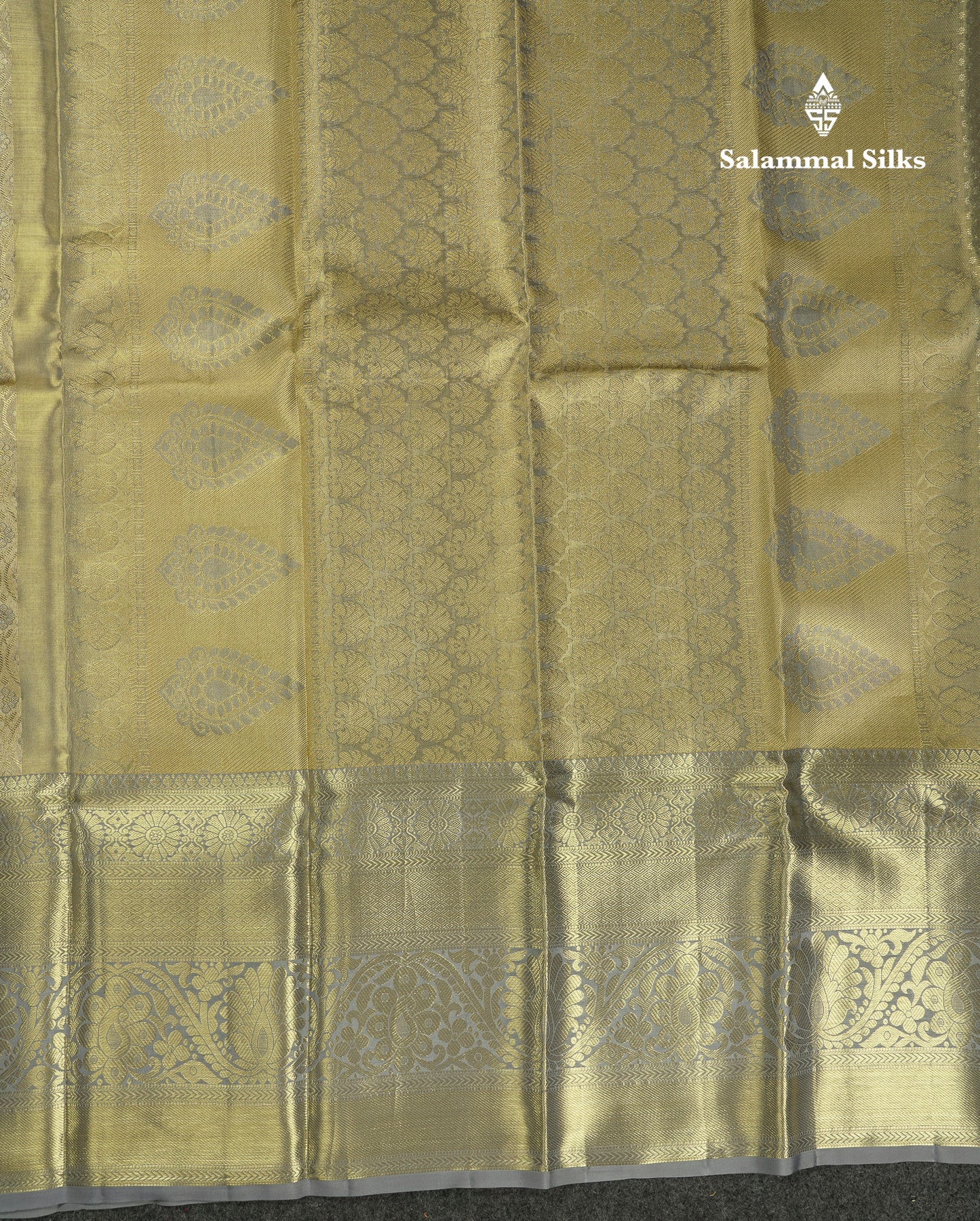 Beautiful Gold Tissue Bridal Pure Kanjivaram Silk Saree With Contrast Light Grey Traditional Evening Morning Border