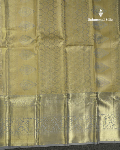 Beautiful Gold Tissue Bridal Pure Kanjivaram Silk Saree With Contrast Light Grey Traditional Evening Morning Border