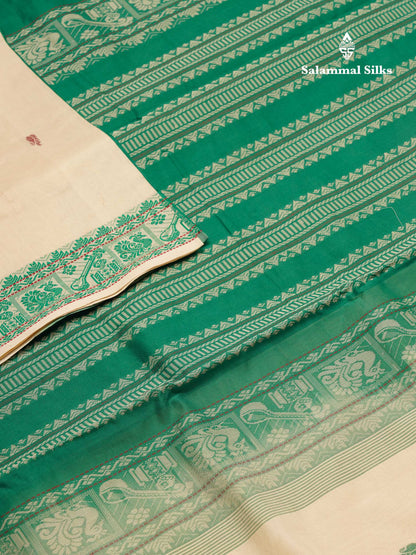 Beautiful Sandal Thread Buttas Handloom Semi Silk Cotton Saree With Maroon Traditional Thread Border