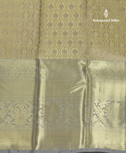 Beautiful Gold Tissue Bridal Pure Kanjivaram Silk Saree With Contrast Light Grey Traditional Evening Morning Border