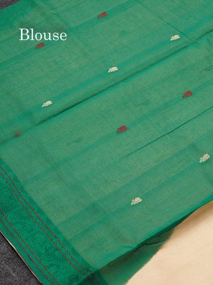 Beautiful Sandal Thread Buttas Handloom Semi Silk Cotton Saree With Maroon Traditional Thread Border