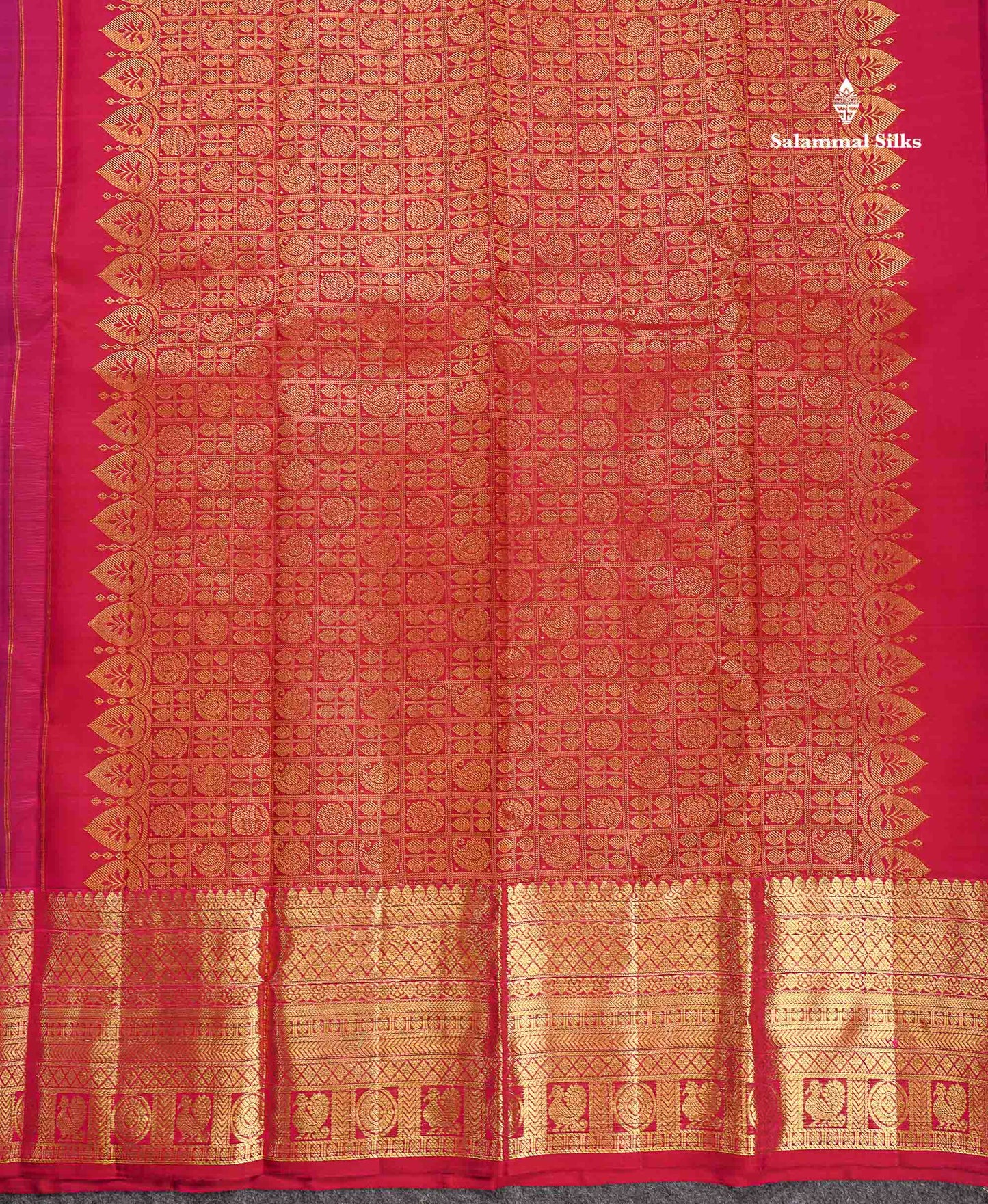 Pure Kanjivaram Silk Saree - Magenta Colour Body Butta With Contrast Maroon Traditional Border