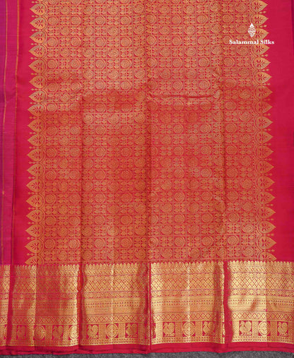 Pure Kanjivaram Silk Saree - Magenta Colour Body Butta With Contrast Maroon Traditional Border