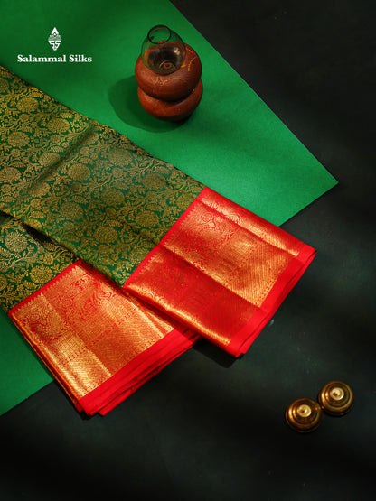 Beautiful Korvai Bottle Green Pure Kanjivaram Silk Saree (2G) Zari With Contrast Chilly Red Border