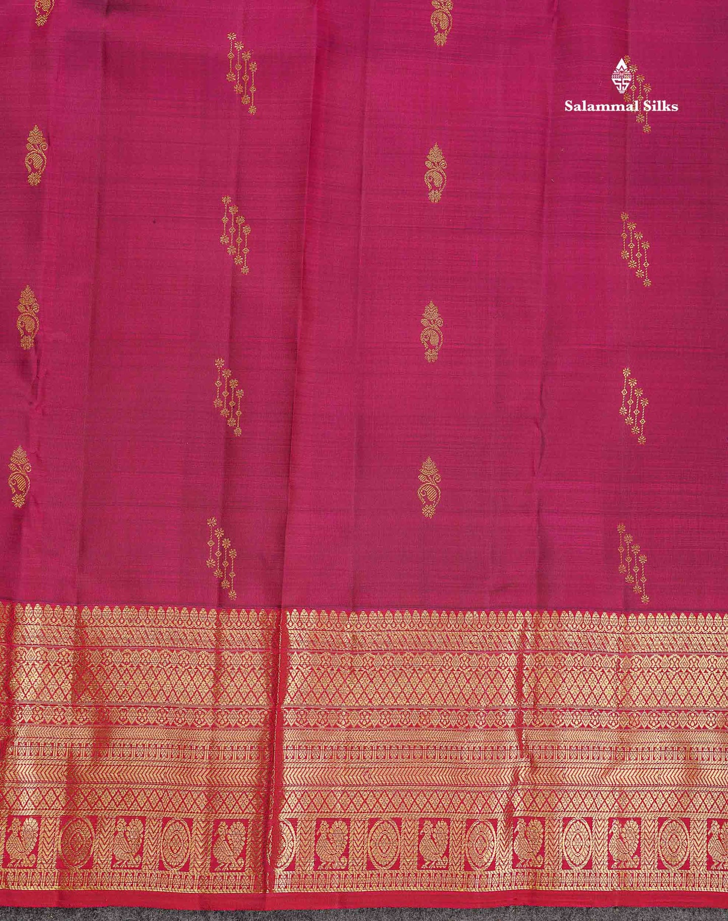 Pure Kanjivaram Silk Saree - Magenta Colour Body Butta With Contrast Maroon Traditional Border