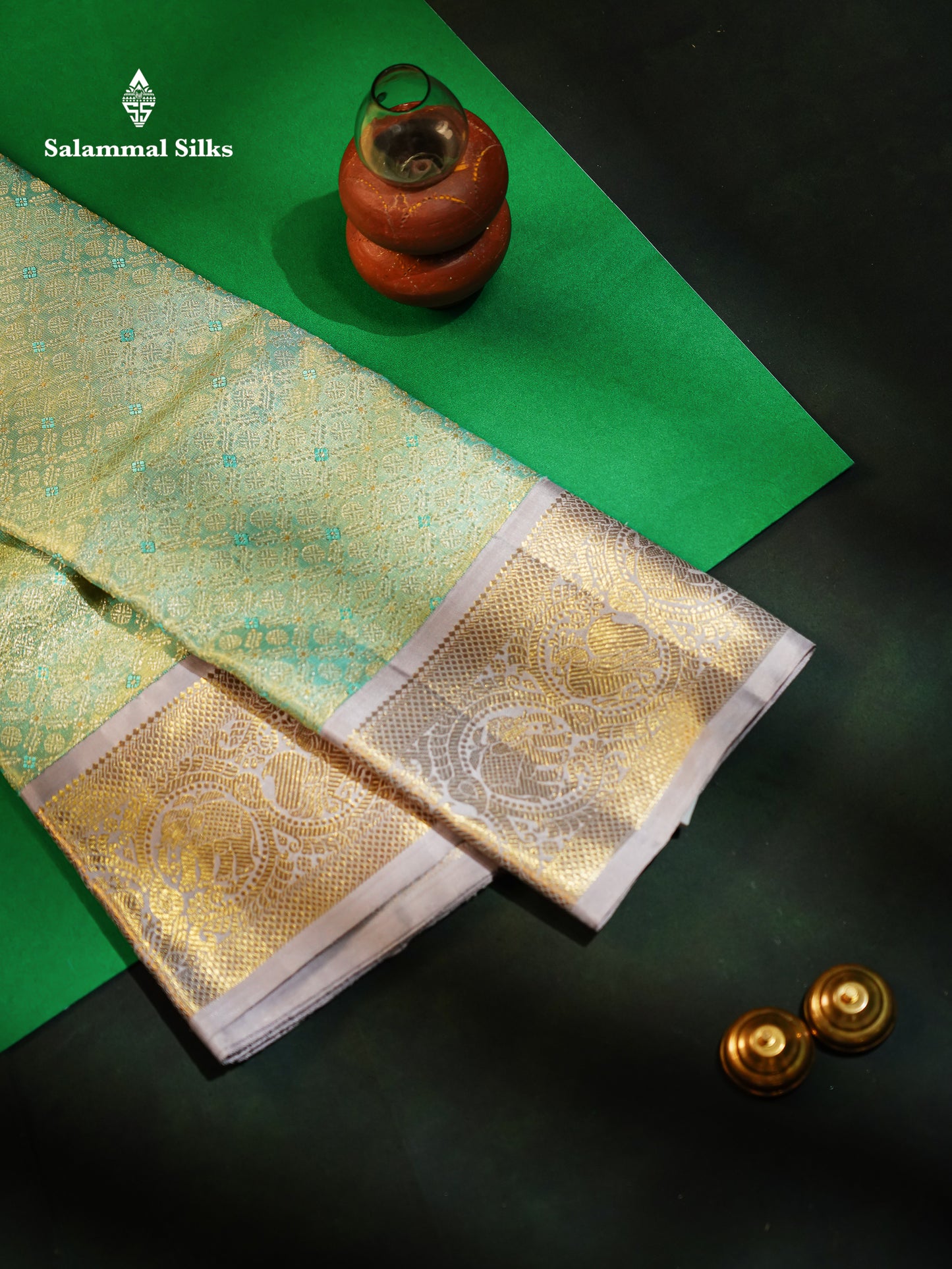 Light Green Tissue Pure Kanjivaram Silk Saree (2G) Zari With Contrast Grey Border