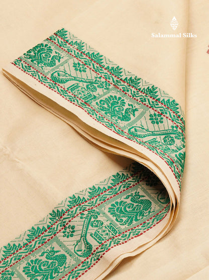 Beautiful Sandal Thread Buttas Handloom Semi Silk Cotton Saree With Maroon Traditional Thread Border