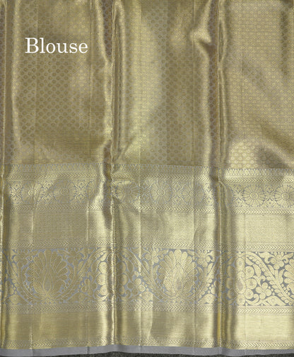 Beautiful Gold Tissue Bridal Pure Kanjivaram Silk Saree With Contrast Light Grey Traditional Evening Morning Border