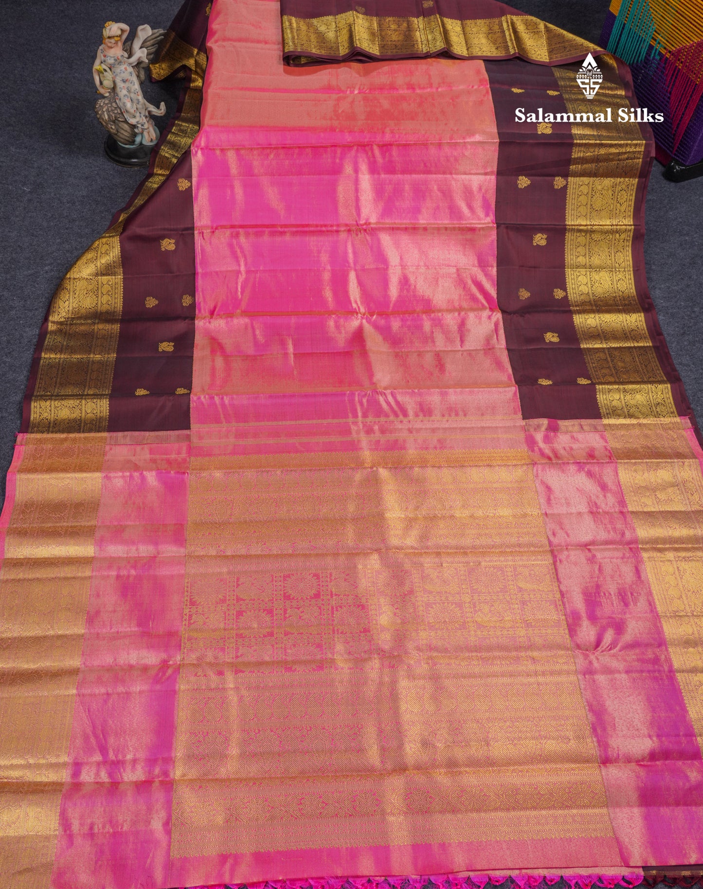 Korvai Beautiful Pink Tissue Bridal Pure Kanjivaram Silk Saree With Contrast Dark Wine Traditional Border