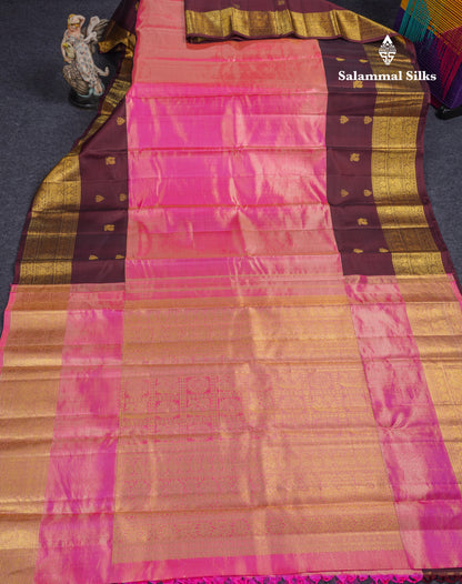 Korvai Beautiful Pink Tissue Bridal Pure Kanjivaram Silk Saree With Contrast Dark Wine Traditional Border