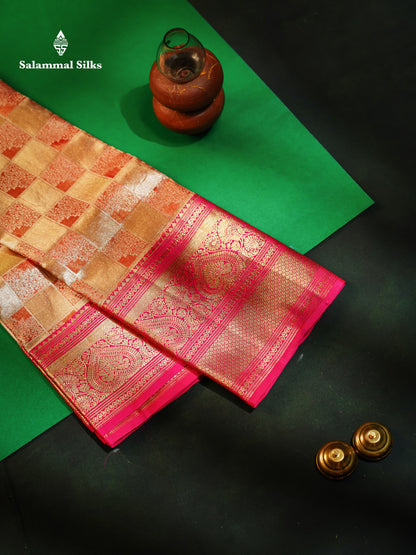 Beautiful Gold Checks Tissue Bridal Pure Mix Silk Saree With Contrast Pink Traditional Evening Morning Border