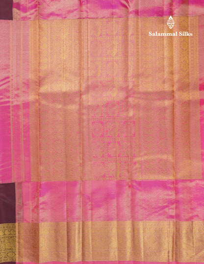 Korvai Beautiful Pink Tissue Bridal Pure Kanjivaram Silk Saree With Contrast Dark Wine Traditional Border