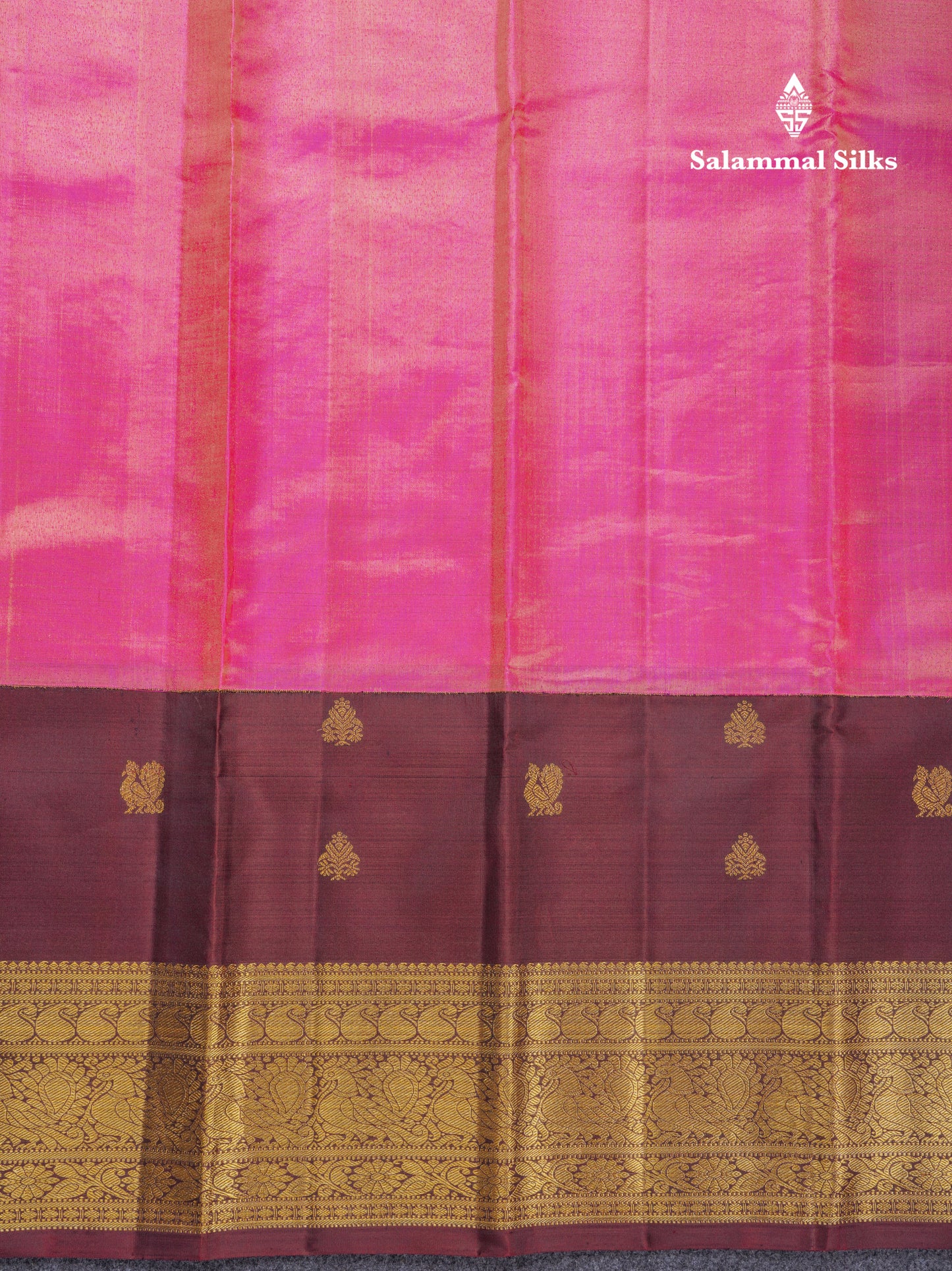 Korvai Beautiful Pink Tissue Bridal Pure Kanjivaram Silk Saree With Contrast Dark Wine Traditional Border