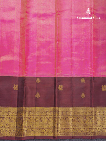 Korvai Beautiful Pink Tissue Bridal Pure Kanjivaram Silk Saree With Contrast Dark Wine Traditional Border