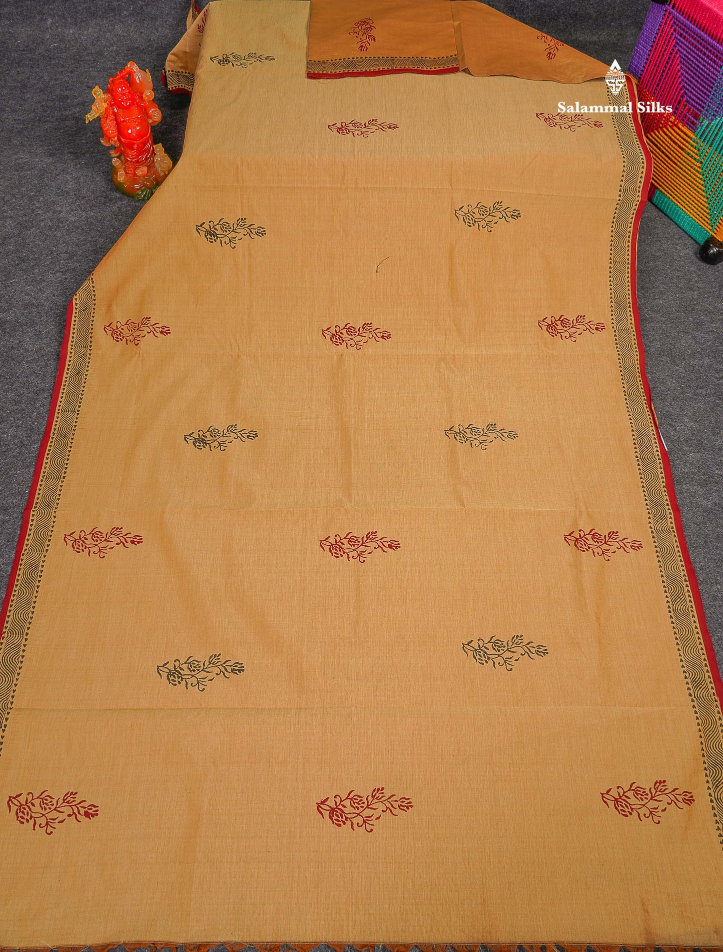 South Cotton Saree - Sandal Printed Saree With Contrast Maroon Blouse