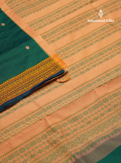 Beautiful Bottle Green Thread Work Buttas Semi Silk Cotton Saree With Yellow Thread Border