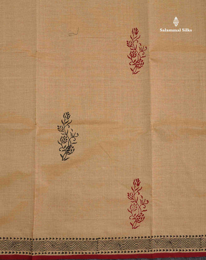 South Cotton Saree - Sandal Printed Saree With Contrast Maroon Blouse