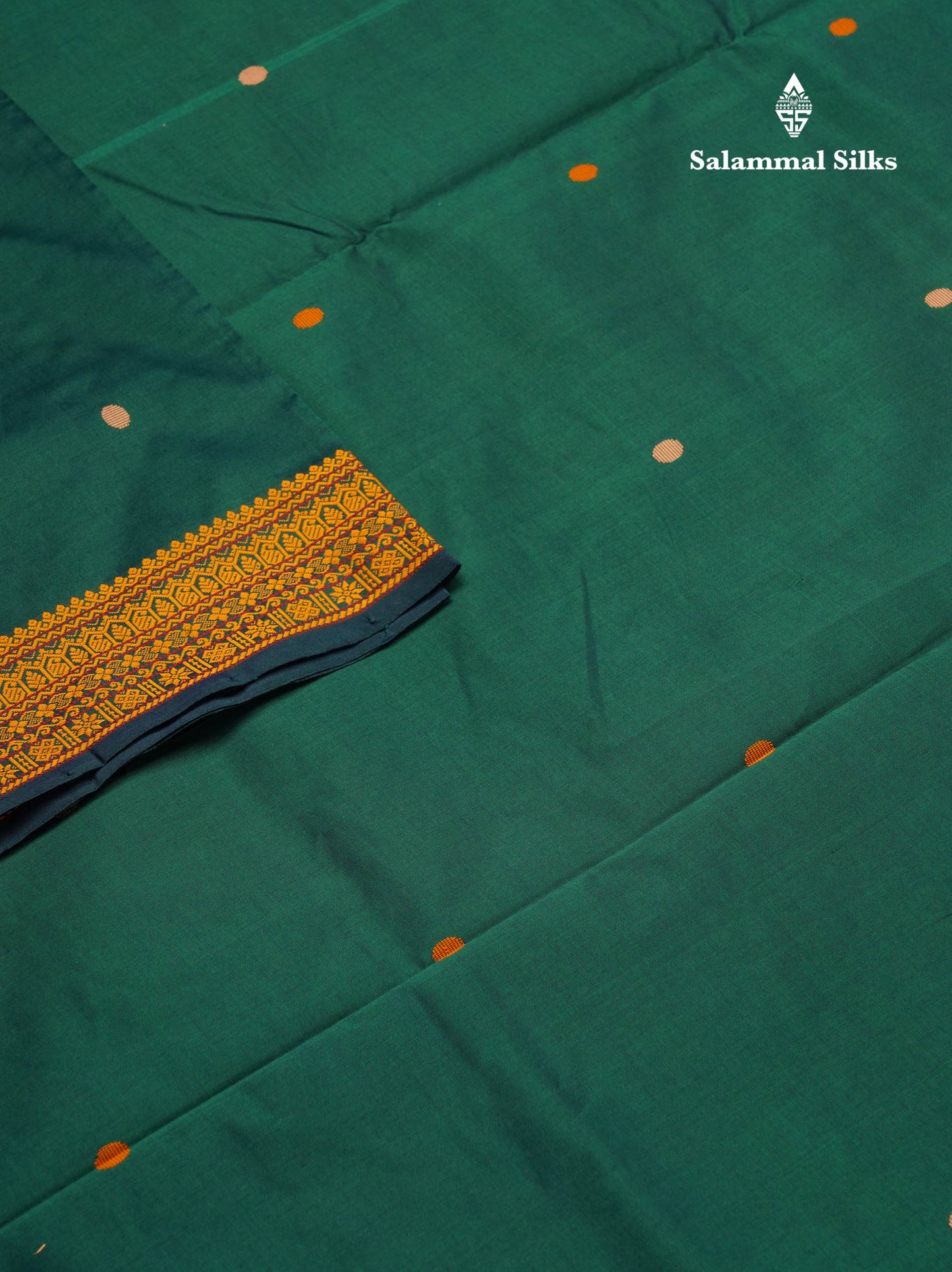 Beautiful Bottle Green Thread Work Buttas Semi Silk Cotton Saree With Yellow Thread Border