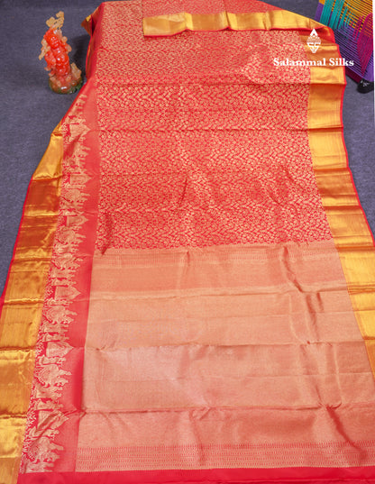 Beautiful Chilly Red Bridal Pure Kanjivaram Silk Saree With Traditional Pallaku Border