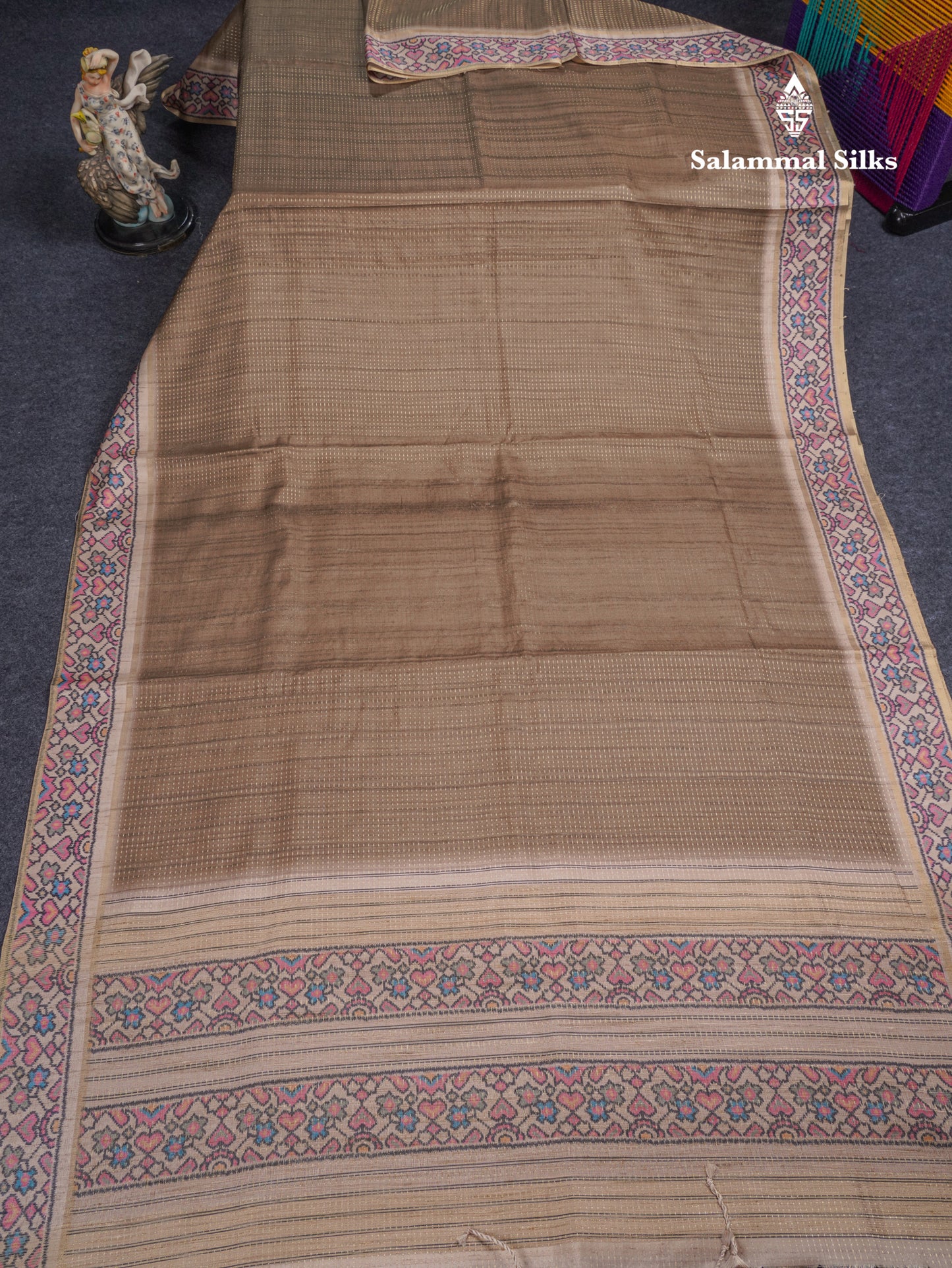 Light Brown Semi Tussar Fancy Saree With Contrast Cream Sandal Printed Border