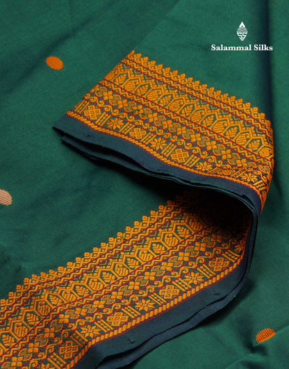 Beautiful Bottle Green Thread Work Buttas Semi Silk Cotton Saree With Yellow Thread Border
