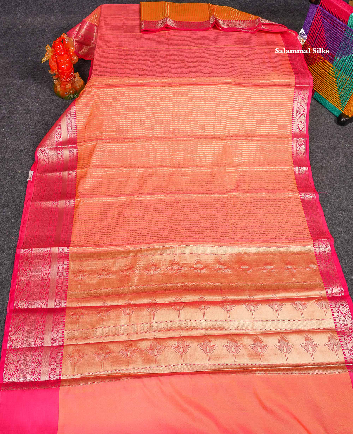 Semi Silk Saree - Peach Colour Body Vertical Zari Lines With Contrast Pink Blouse 