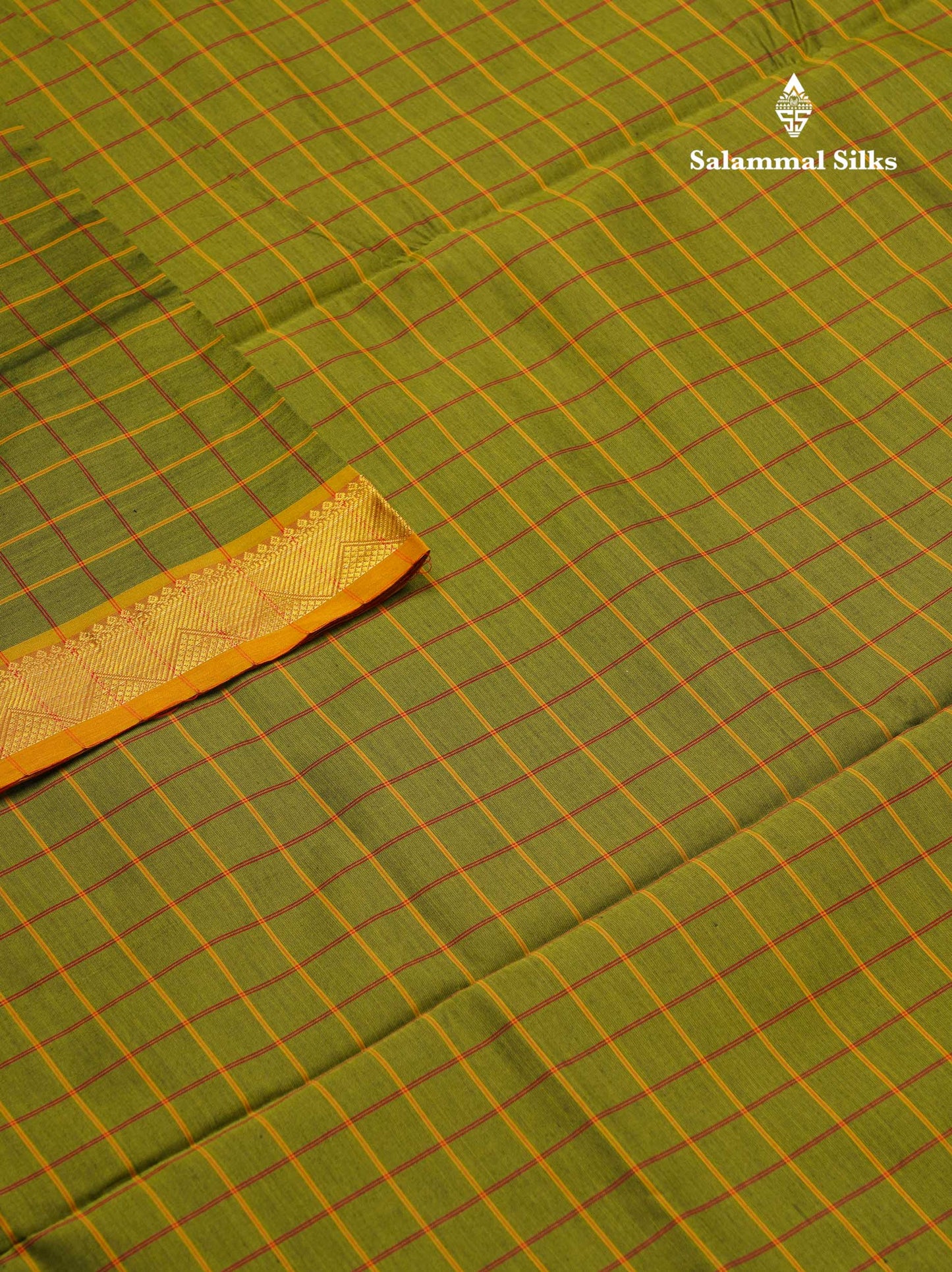 Beautiful Violet Thread Checks Semi Silk Cotton Saree With Mustard Yellow Traditional Small Border