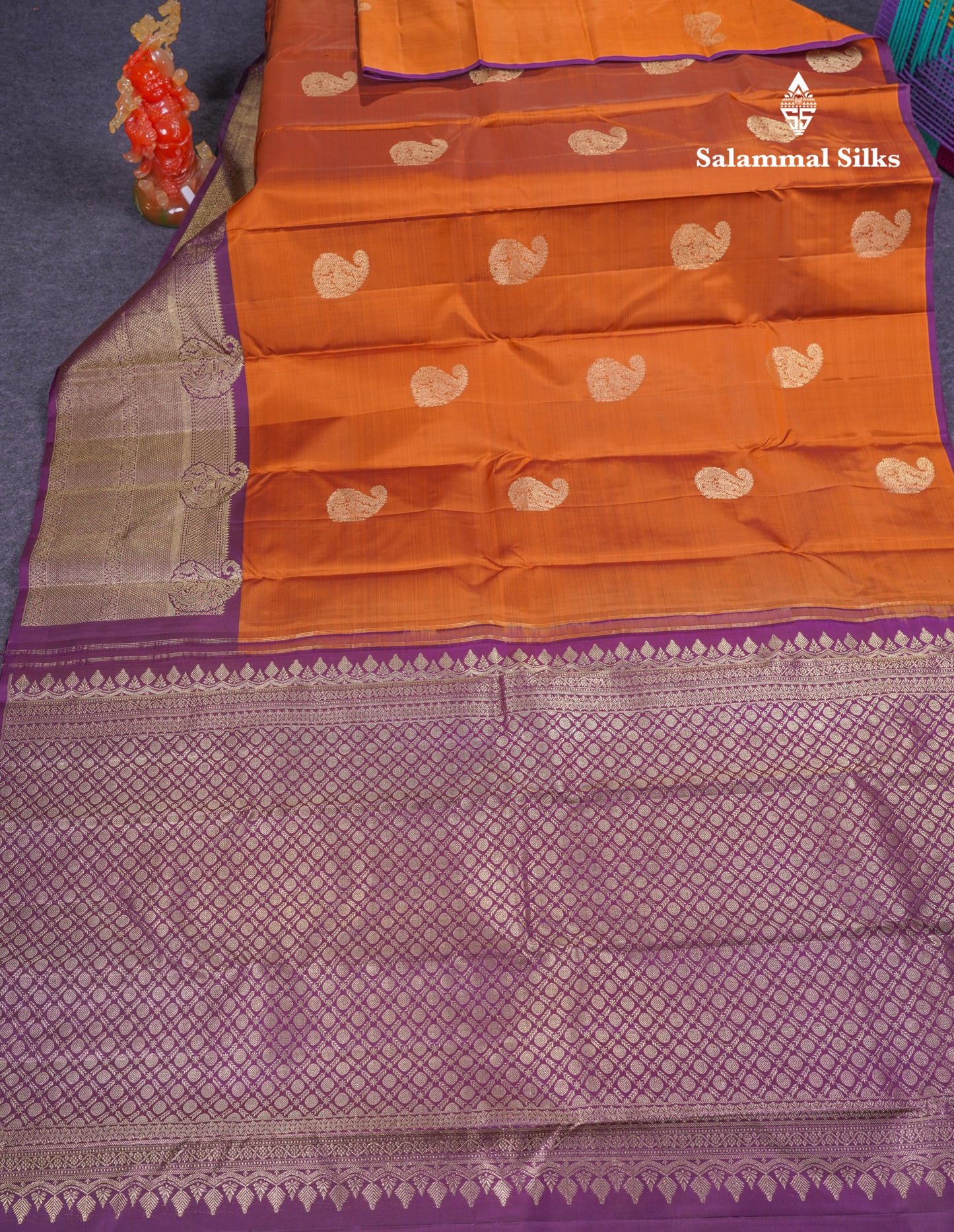 Beautiful Rust Orange Pure Kanjivaram Silk Saree With Contrast Magenta Traditional Long One Side Border