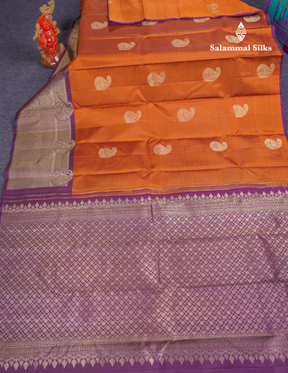 Beautiful Rust Orange Pure Kanjivaram Silk Saree With Contrast Magenta Traditional Long One Side Border