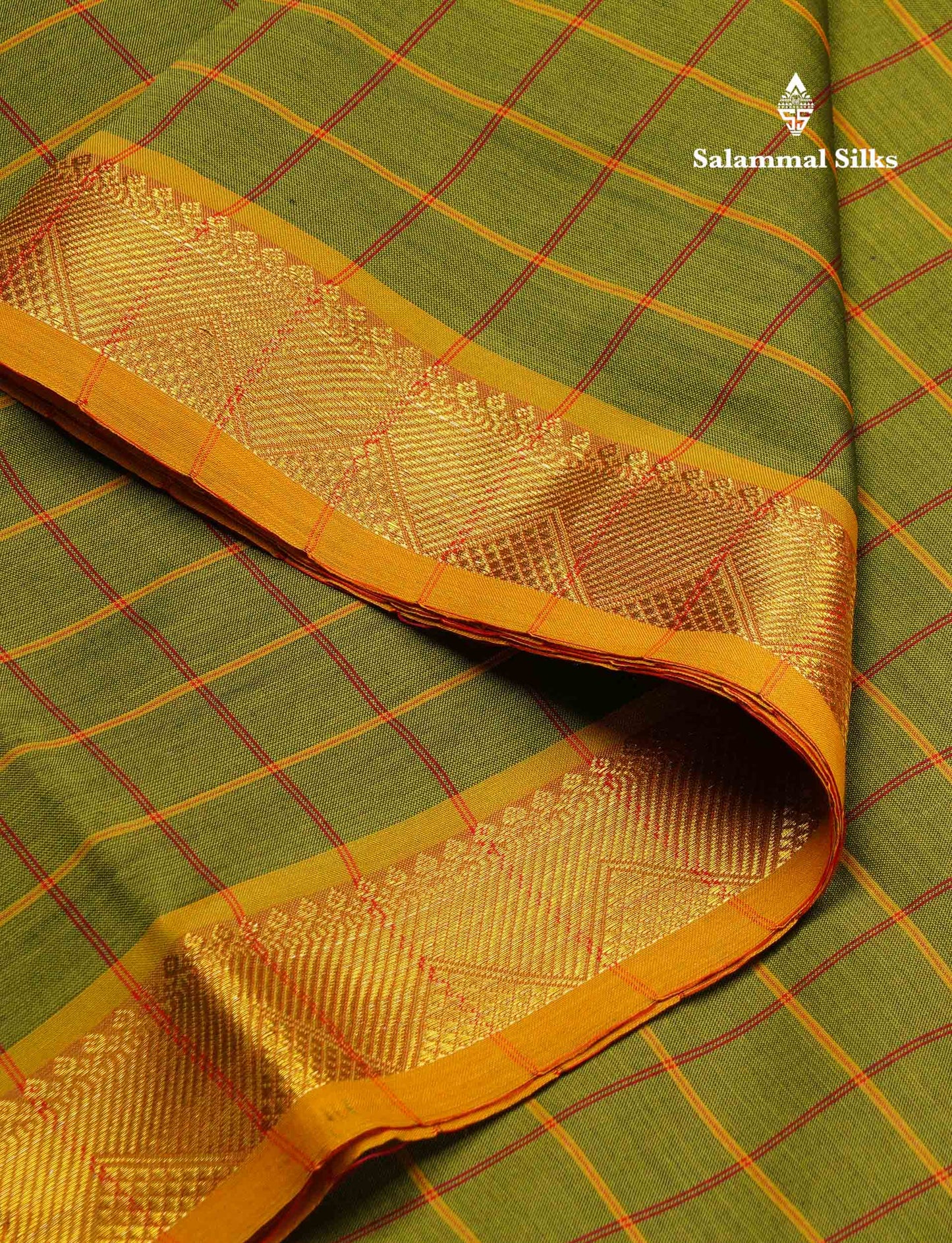 Beautiful Violet Thread Checks Semi Silk Cotton Saree With Mustard Yellow Traditional Small Border
