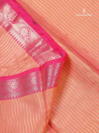 Semi Silk Saree - Peach Colour Body Vertical Zari Lines With Contrast Pink Blouse