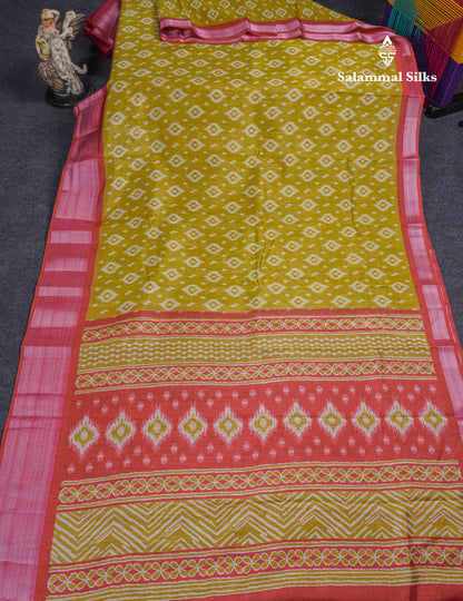 Beautiful Manthulir Yellow Mixed Cotton Saree With Contrast Pink Tissue Border