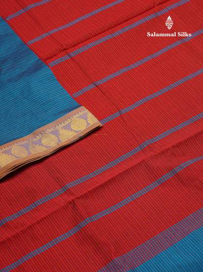 Beautiful Ramar Blue Thread Lines Semi Silk Cotton Saree With Mustrad Yellow Traditional Border