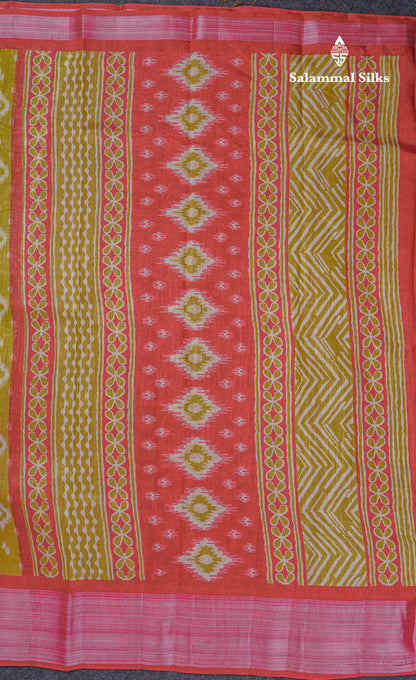 Beautiful Manthulir Yellow Mixed Cotton Saree With Contrast Pink Tissue Border