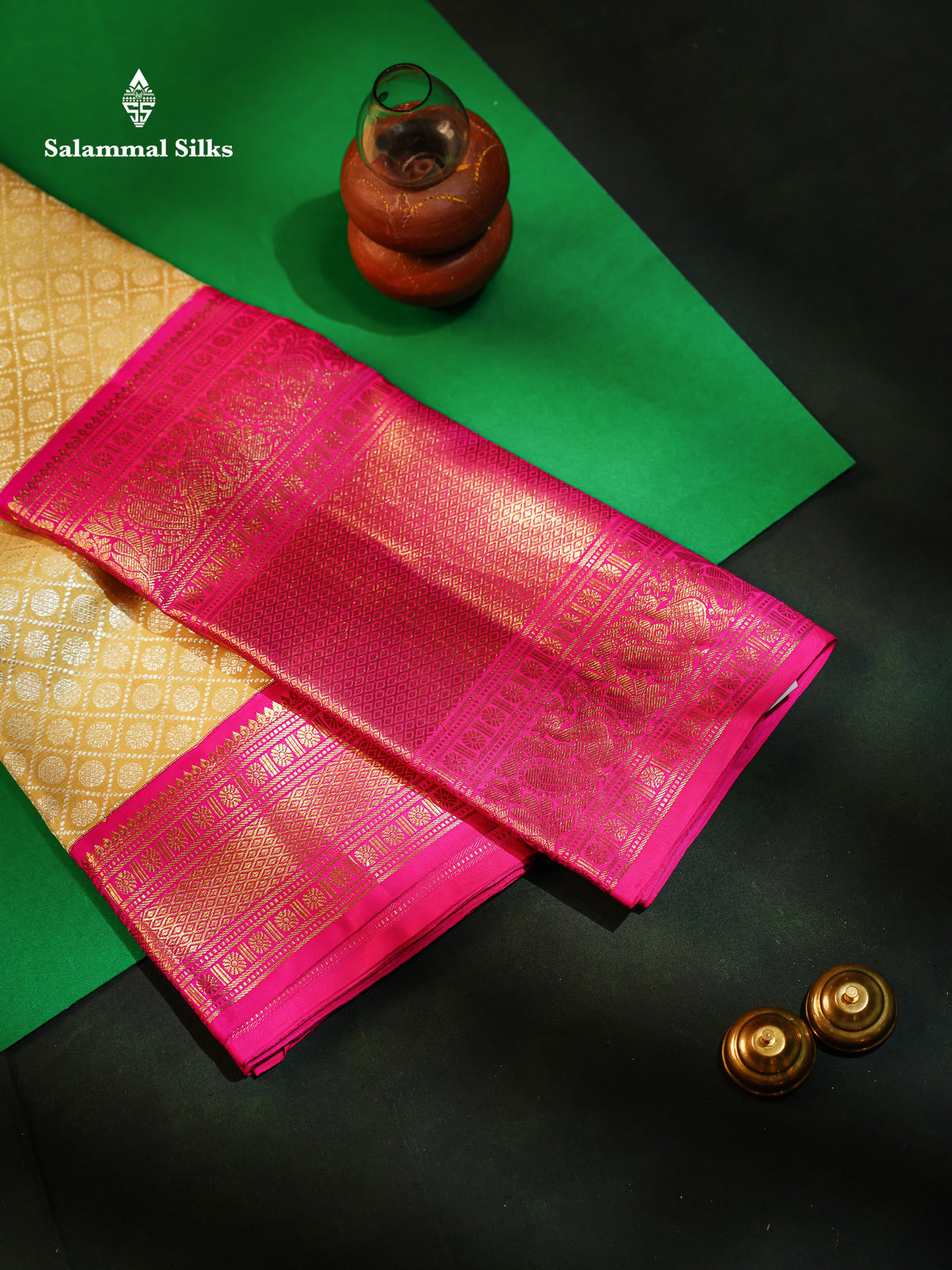 Kanjivaram Sandal 2G Zari Pure Silk Saree With Magenta Rose