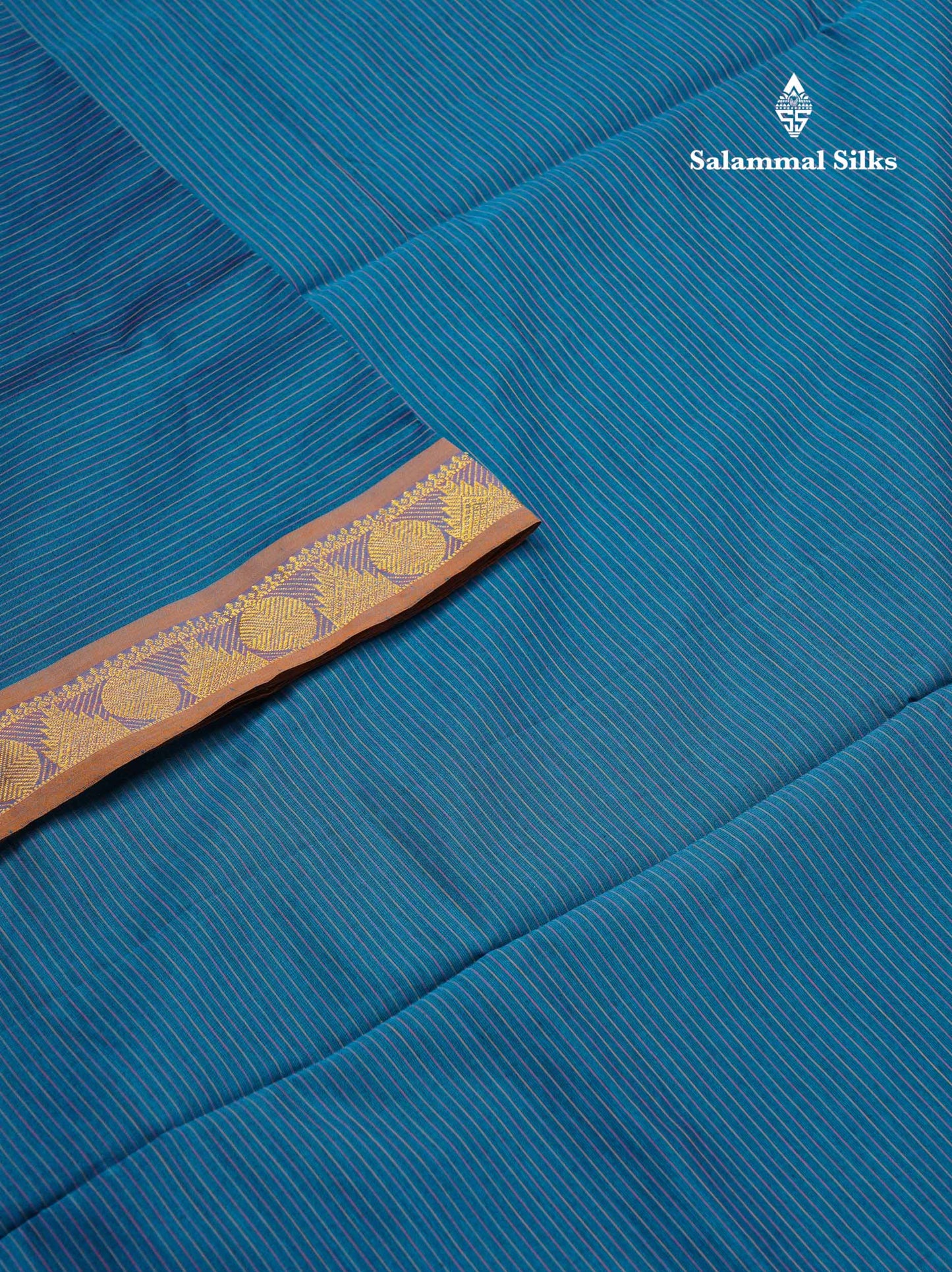 Beautiful Ramar Blue Thread Lines Semi Silk Cotton Saree With Mustrad Yellow Traditional Border