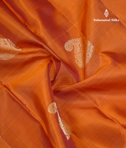 Beautiful Rust Orange Pure Kanjivaram Silk Saree With Contrast Magenta Traditional Long One Side Border
