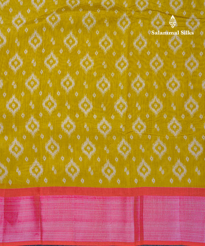 Beautiful Manthulir Yellow Mixed Cotton Saree With Contrast Pink Tissue Border