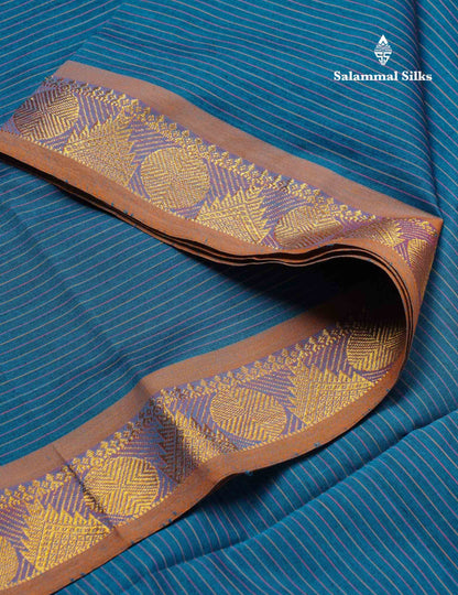 Beautiful Ramar Blue Thread Lines Semi Silk Cotton Saree With Mustrad Yellow Traditional Border