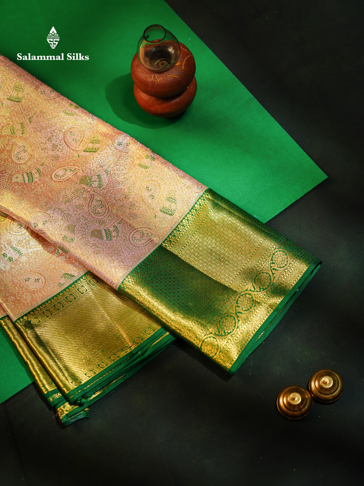 Beautiful Peach Tissue Menakari Work Bridal Pure Kanjivaram Silk Saree With Contrast Bottle Green Traditional Evening Morning Border