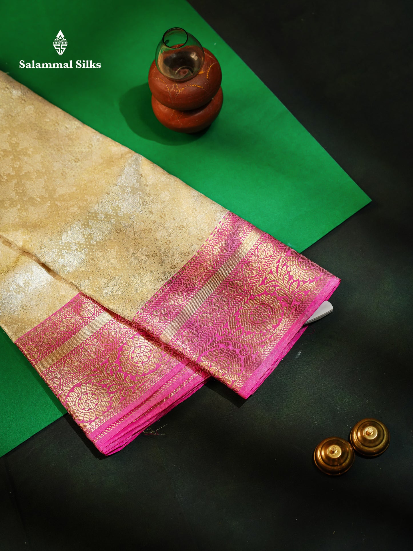 Beautiful Cream Sandal Tissue Bridal Pure Mix Kanjivaram Silk Saree With Contrast Pink Traditional Border