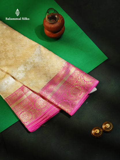 Beautiful Cream Sandal Tissue Bridal Pure Mix Kanjivaram Silk Saree With Contrast Pink Traditional Border