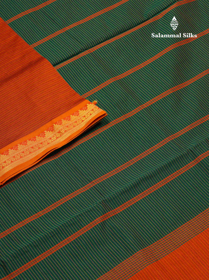 Beautiful Olive Green Thread Lines Semi Silk Cotton Saree With Maroon Traditional Border