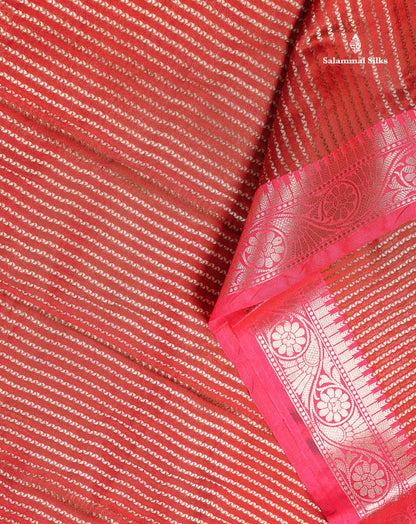 Semi Silk Saree - Peach Colour Body Vertical Zari Lines With Contrast Pink Blouse