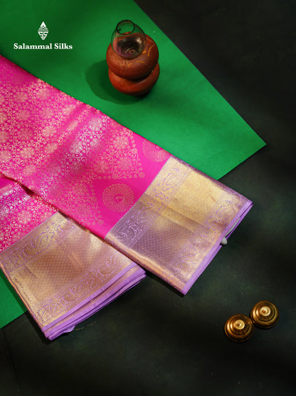 Beautiful Pink Bridal Pure Kanjivaram Silk Saree With Contrast Lavender Traditional Border