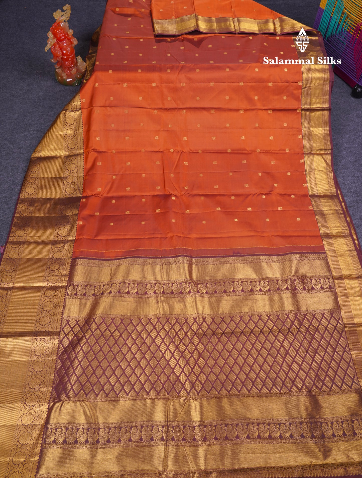Beautiful Rust Orange Pure Kanjivaram Silk Saree With Contrast Brown Traditional Evening Morning Border